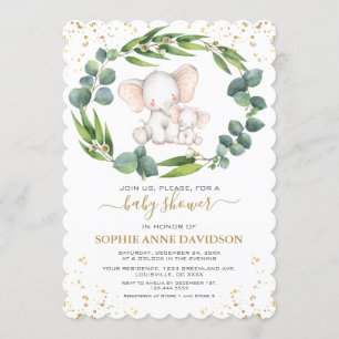 Invitation Eucalyptus verdure Elephant Baby shower fille