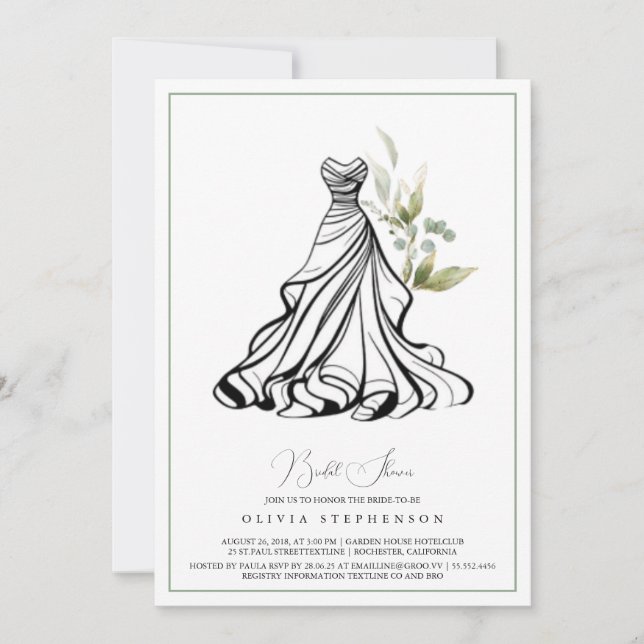 Invitation Eucalyptus Verdure et robe Mariage (Devant)