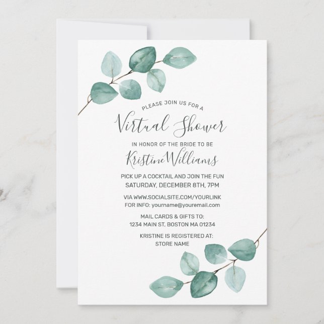 Invitation Eucalyptus verdure Fête des mariées virtuelle noir (Devant)