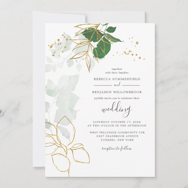 Invitation Eucalyptus Verdure Feuilles Dorées Géométrique Scr (Devant)