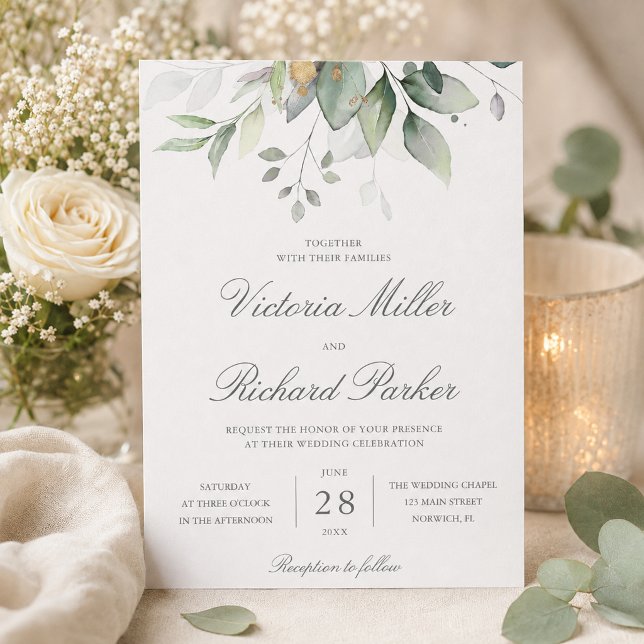 Invitation Eucalyptus Verdure Feuilles Dorées Mariage Élégant (Créateur téléchargé)