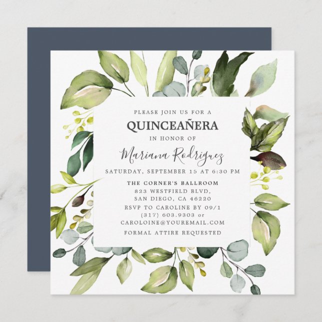 Invitation Eucalyptus & Verdure Forêt enchantée Quinceañera (Devant / Derrière)
