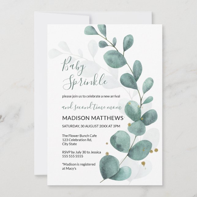 Invitation Eucalyptus Verdure & Gold Baby Sprinkle Invitati (Devant)