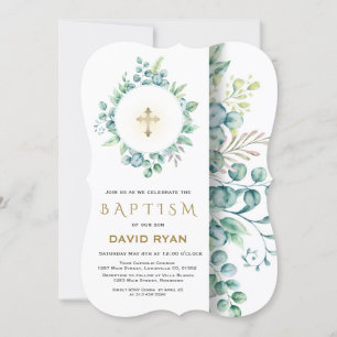 Invitation Eucalyptus verdure Gold Cross Boy Baptême garçon