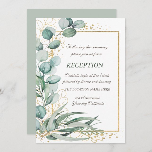 Invitation Eucalyptus Verdure Gold Frame Réception de mariage (Devant / Derrière)
