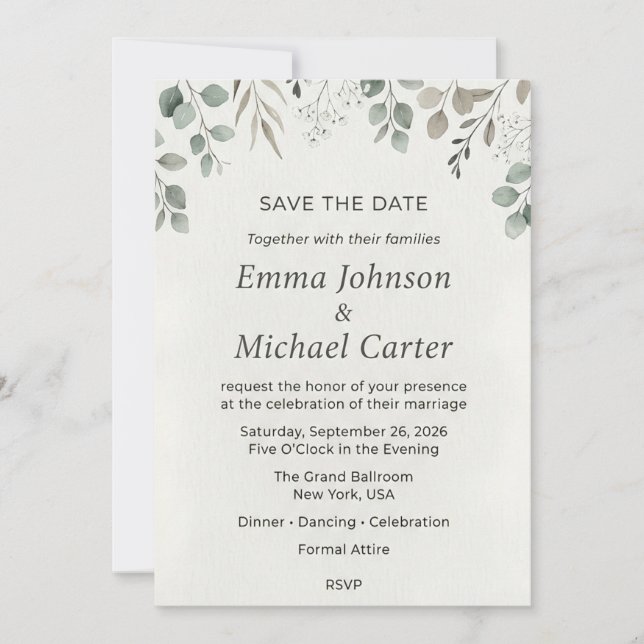 Invitation Eucalyptus Verdure & Gypsophile Save (Devant)