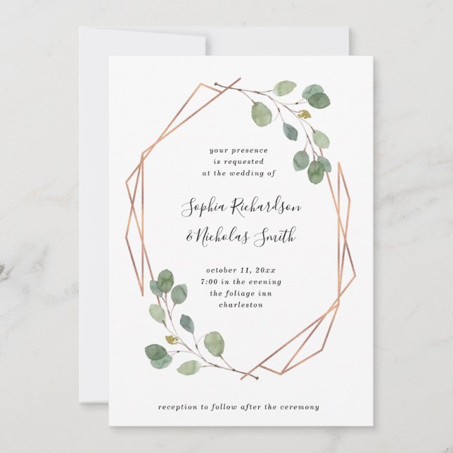 Invitation Eucalyptus verdure | Mariage géométrique Rose Gold (Devant)