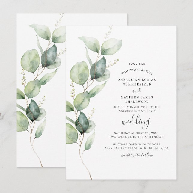 Invitation Eucalyptus Verdure Mariage moderne (Devant / Derrière)