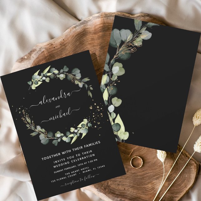 Invitation Eucalyptus Verdure Noir Mariage élégant (Créateur téléchargé)