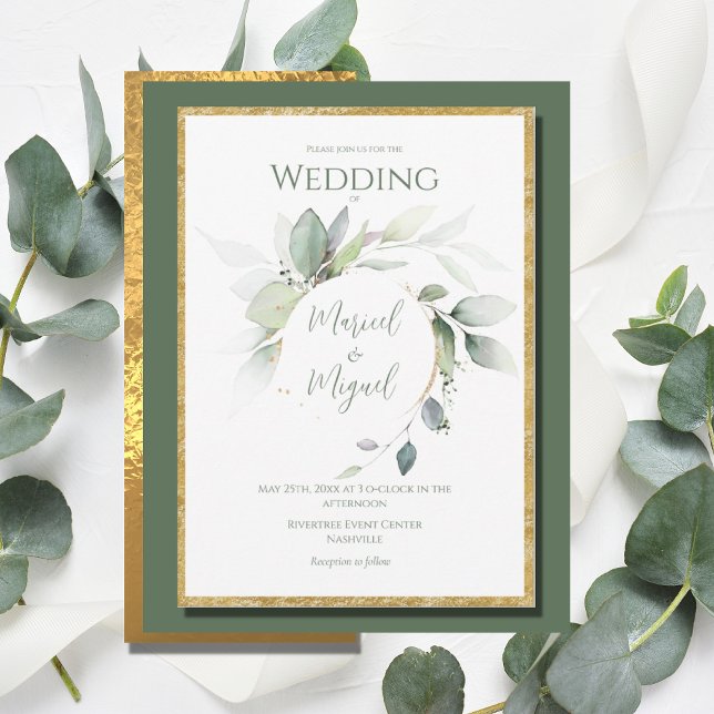 Invitation Eucalyptus Verdure or Aquarelle Mariage moderne (Créateur téléchargé)