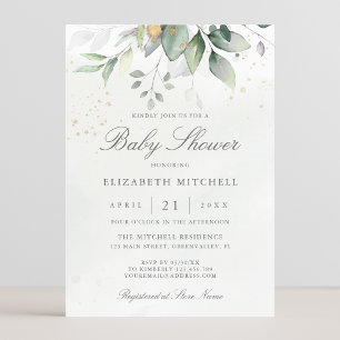 Invitation Eucalyptus Verdure Or Baby shower élégant