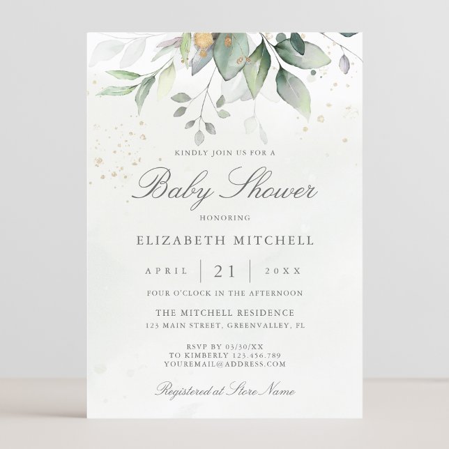 Invitation Eucalyptus Verdure Or Baby shower élégant (Créateur téléchargé)