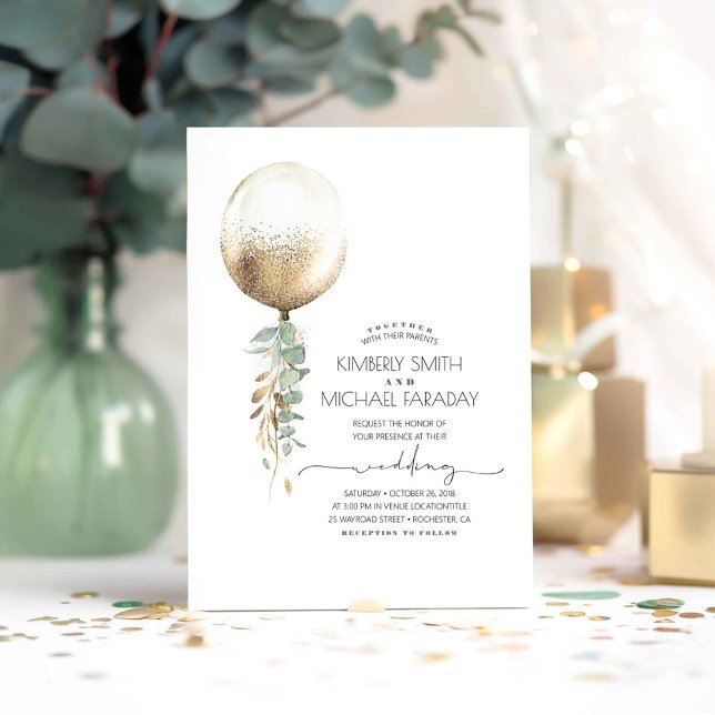 Invitation Eucalyptus Verdure Or Balloon Mariage élégant (Greenery Balloon Minimalist Wedding Invitations)
