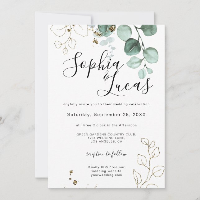Invitation Eucalyptus Verdure Or Élégant Mariage de feuillage (Devant)