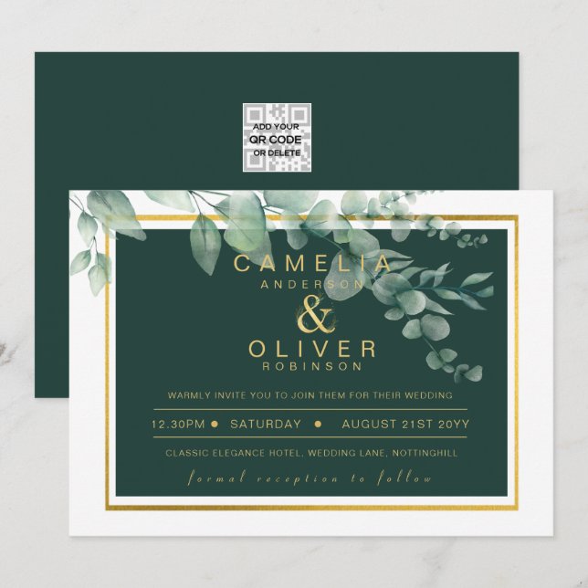 Invitation Eucalyptus Verdure Or Emerald Mariage QR CODE I (Devant / Derrière)