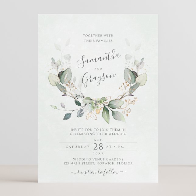 Invitation Eucalyptus Verdure Or Feuilles mariage élégant (Créateur téléchargé)