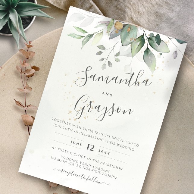 Invitation Eucalyptus Verdure Or Feuilles mariage élégant (Créateur téléchargé)