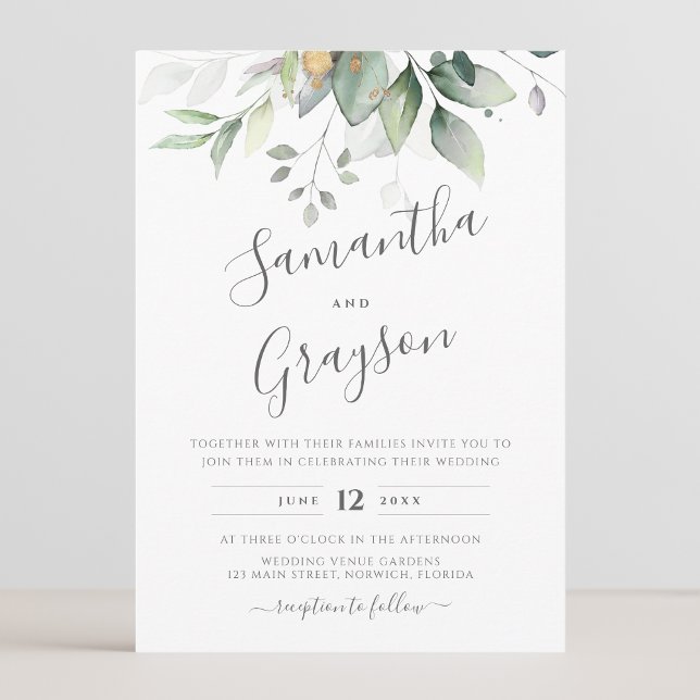 Invitation Eucalyptus Verdure Or Feuilles mariage élégant (Créateur téléchargé)