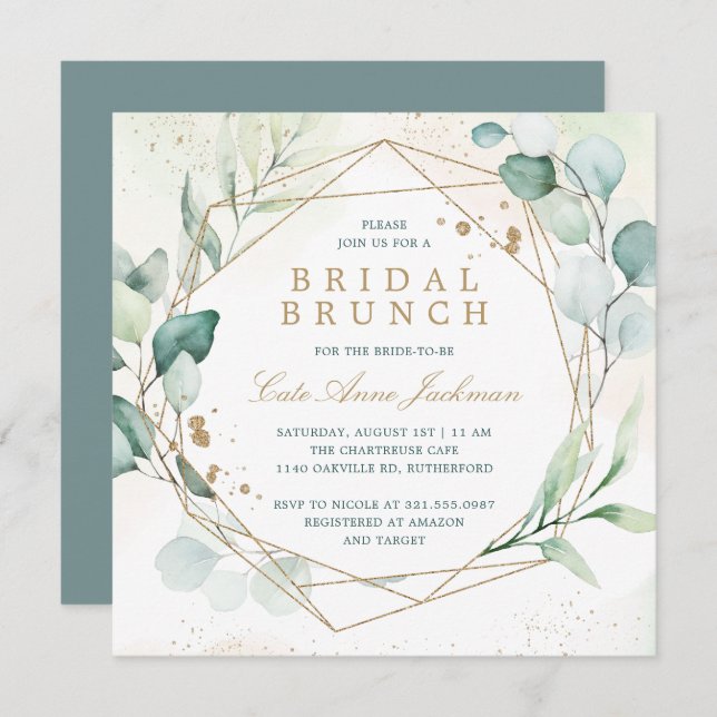 Invitation Eucalyptus Verdure Or Géométrique Bridal Brunch (Devant / Derrière)