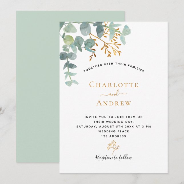 Invitation Eucalyptus verdure or moderne mariage élégant mode (Devant / Derrière)