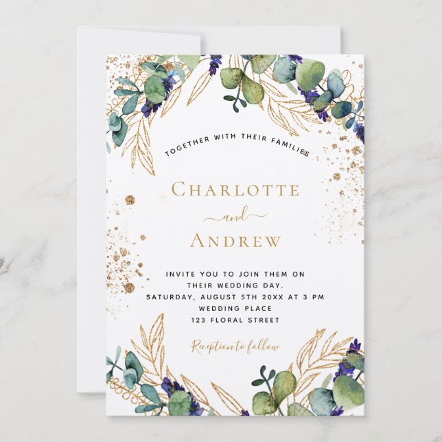 Invitation Eucalyptus verdure or parties scintillant mariage  (Devant)