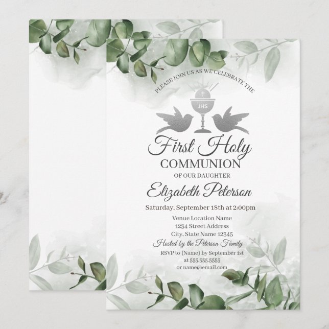Invitation Eucalyptus Verdure Première Sainte Communion   (Devant / Derrière)