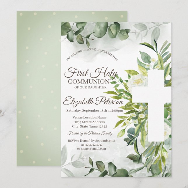 Invitation Eucalyptus verdure Première Sainte Communion  (Devant / Derrière)