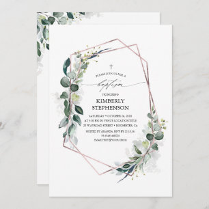 Invitation Eucalyptus Verdure Rose géométrique Baptême d'or