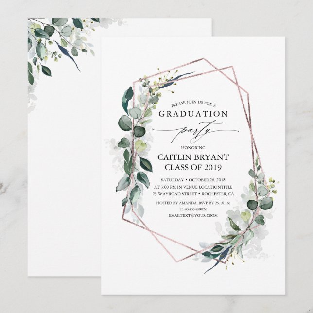 Invitation Eucalyptus Verdure Rose géométrique Gold Graduatio (Devant / Derrière)