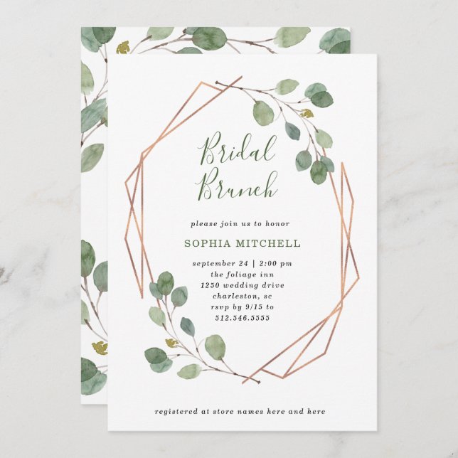 Invitation Eucalyptus verdure | Rose Gold Geo Bridal Brunch (Devant / Derrière)