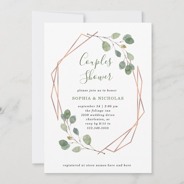 Invitation Eucalyptus verdure | Rose Gold Geo Couples douche (Devant)