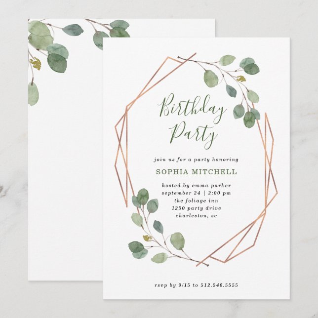 Invitation Eucalyptus verdure | Rose Gold Geo fête d'annivers (Devant / Derrière)