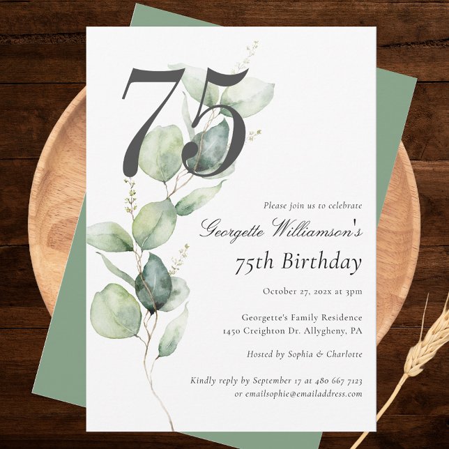 Invitation Eucalyptus Verdure Script 75e anniversaire (Watercolor Eucalyptus Minimalist 75th Birthday Party Invitation)