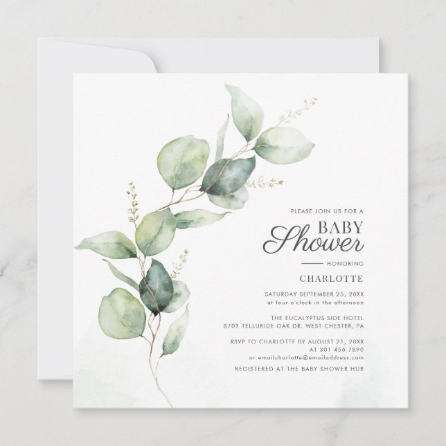 Invitation Eucalyptus Verdure Script Baby shower botanique (Devant)