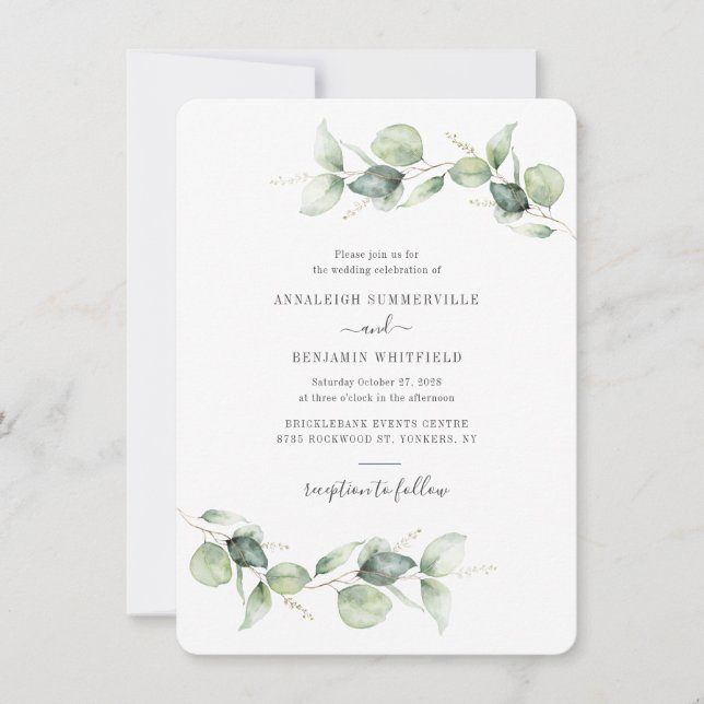 Invitation Eucalyptus Verdure Script minimaliste Mariage (Devant)