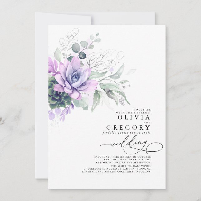 Invitation Eucalyptus Verdure Succulents et Mariage d'argent (Devant)