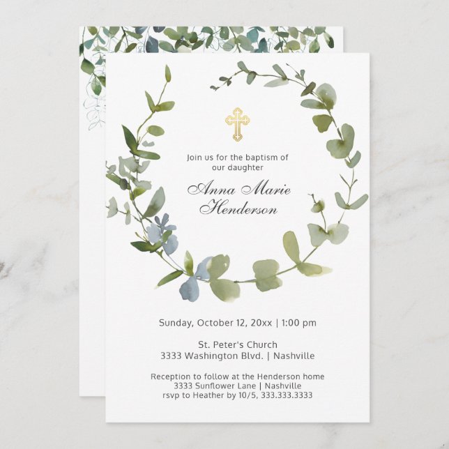 Invitation Eucalyptus Verdure Wreath Cross Baptême (Devant / Derrière)