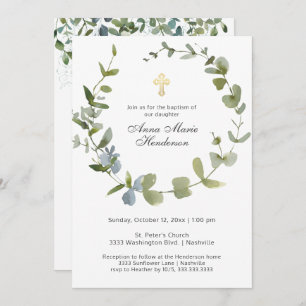 Invitation Eucalyptus Verdure Wreath Cross Baptême