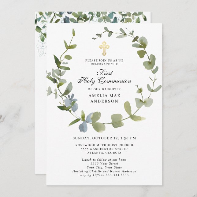 Invitation Eucalyptus Verdure Wreath Cross Sainte Communion (Devant / Derrière)