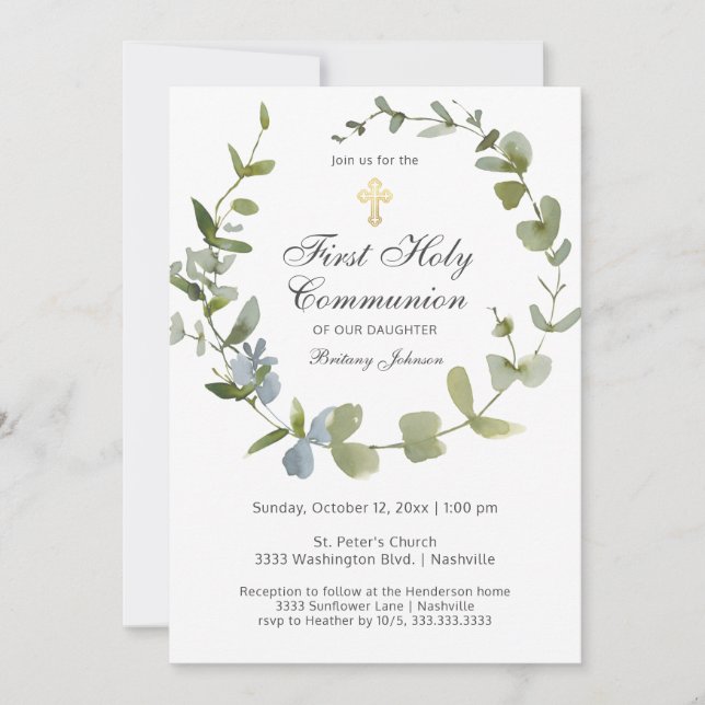 Invitation Eucalyptus Verdure Wreath Cross Sainte Communion (Devant)