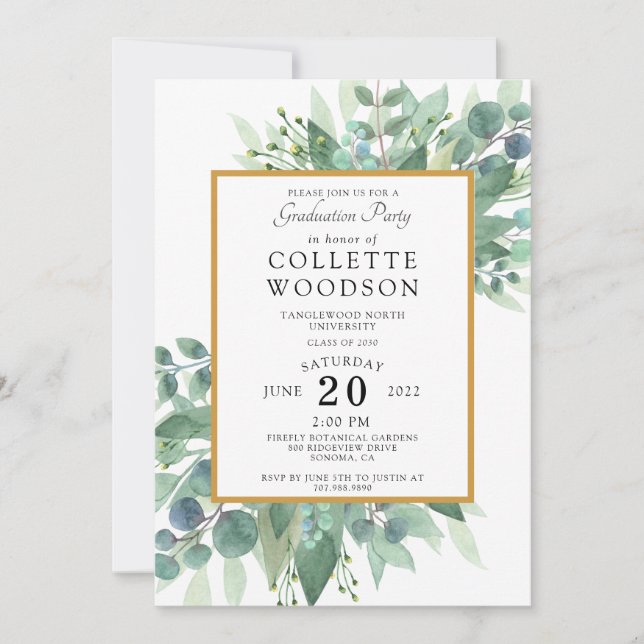 Invitation Eucalyptus Vert Aquarelle Graduation (Devant)