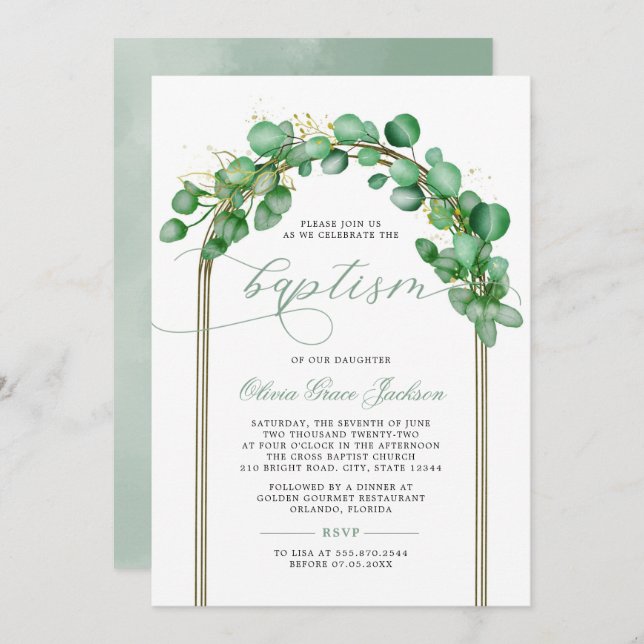 Invitation Eucalyptus Vert Arc Baptême (Devant / Derrière)