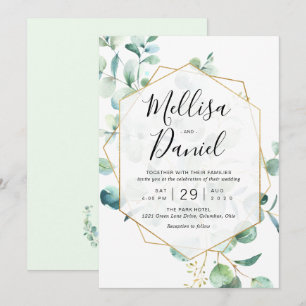 Invitation Eucalyptus vert avec cadre géométrique