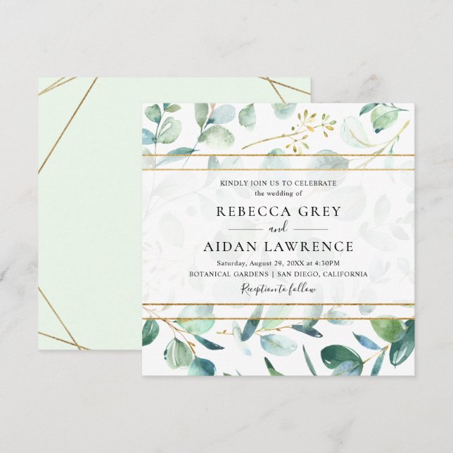 Invitation Eucalyptus vert avec Mariage de cadre géométrique (Devant / Derrière)