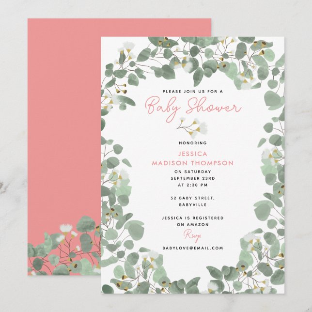 Invitation Eucalyptus Vert bébé fille Baby shower rose (Devant / Derrière)