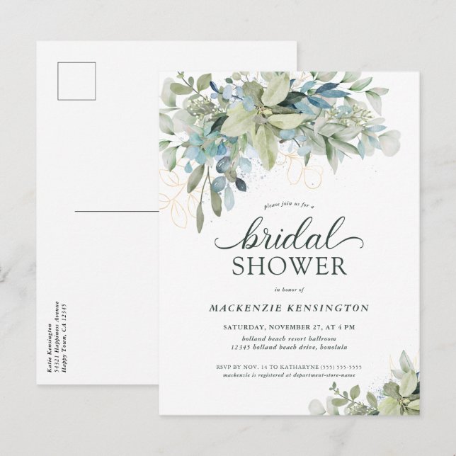 Invitation Eucalyptus Vert Bleu Douche nuptiale (Devant / Derrière)
