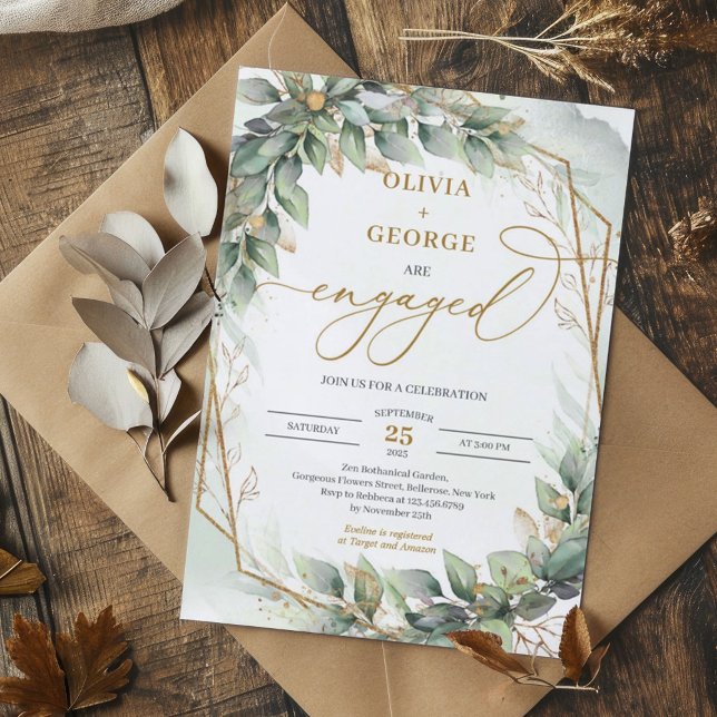 Invitation eucalyptus vert bohème et fiançailles d'or (Watercolor eucalyptus leaves and gold frame engagement invitation digital )