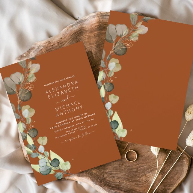 Invitation Eucalyptus Vert brûlé Orange Élégant Mariage (Créateur téléchargé)