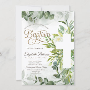 Invitation Eucalyptus Vert Croix florale Baptême