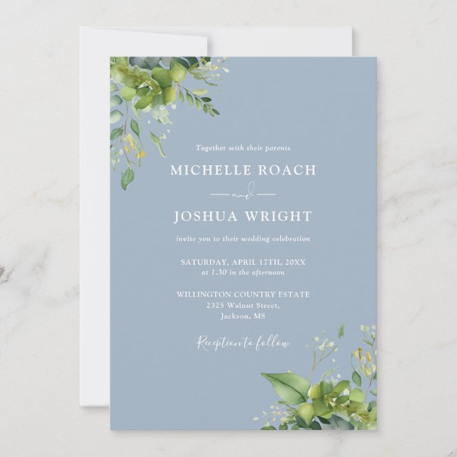 Invitation Eucalyptus Vert Dusty Blue Monogram Mariage (Devant)